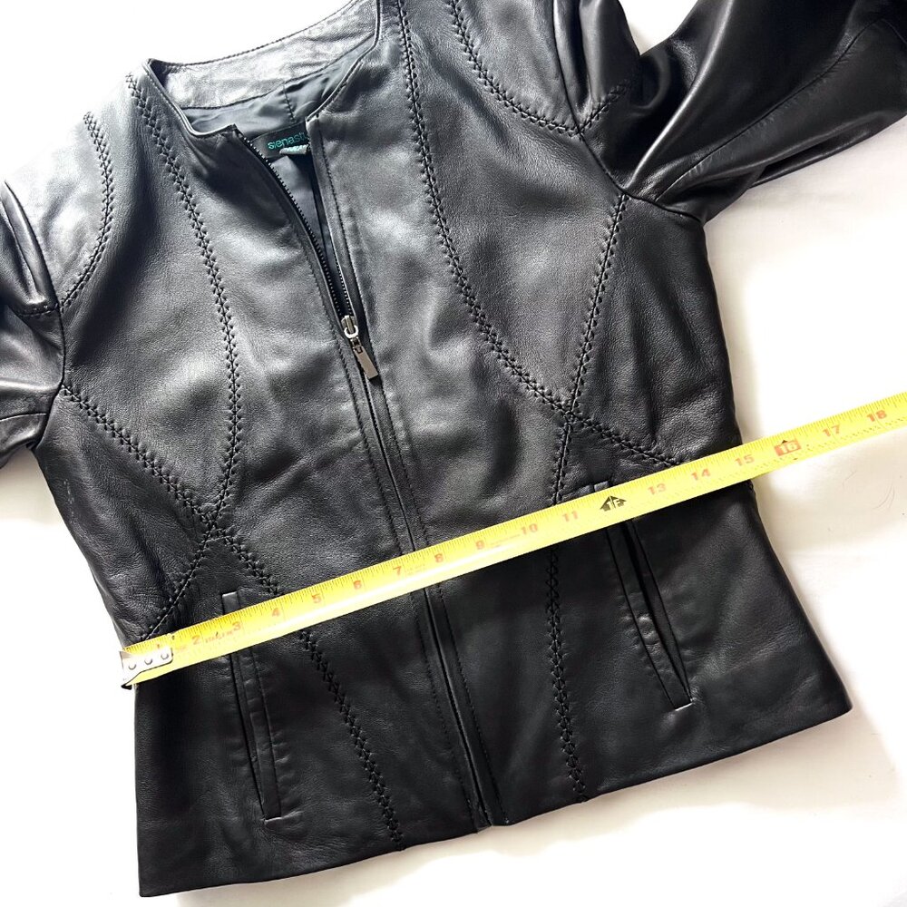 Siena Studio Black Leather Jacket Moto Biker Crop Collarless Seam Details SP - Picture 8 of 12